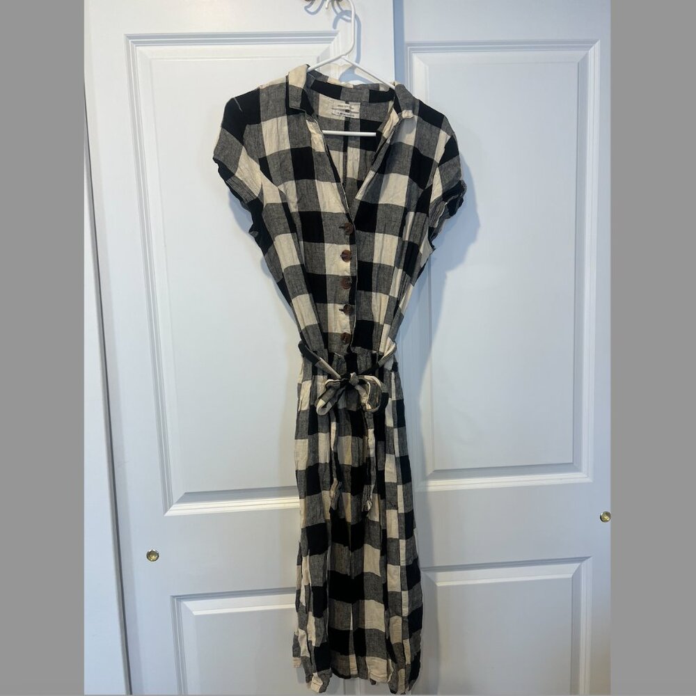 Linen blend gingham print sundress, midi-length with belt and button front